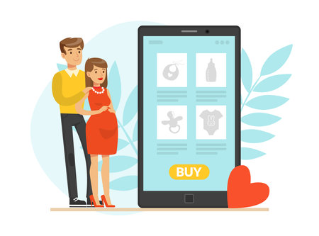 Happy Pregnant Woman and Man Expecting Baby Standing Together Vector Illustrationのイラスト素材