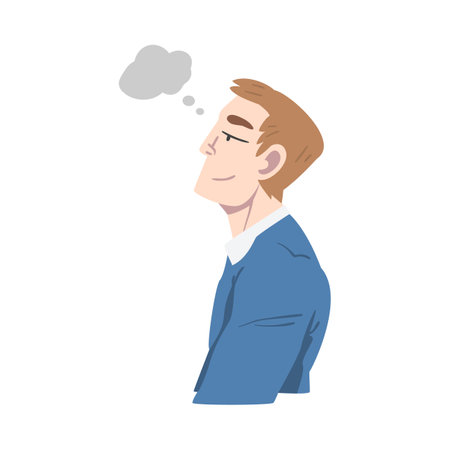 Young Man Dreaming and Fantasizing Imagining Something in His Head Vector Illustrationのイラスト素材