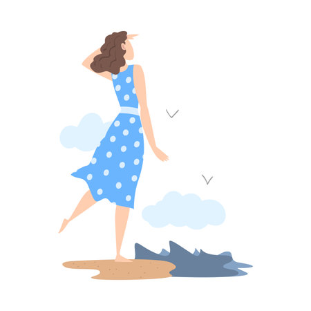 Standing at Sea Shore Female Looking Ahead as into Bright Future Vector Illustrationのイラスト素材