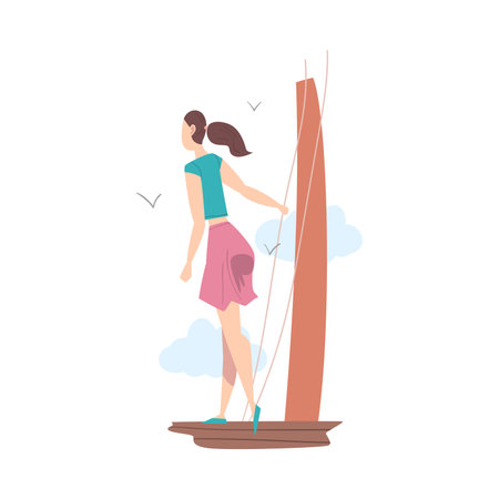 Standing at Deck Girl Looking Ahead as into Bright Future Vector Illustrationのイラスト素材