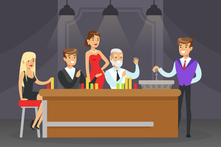 Group of People Characters at Casino Table Playing Poker Game Vector Illustrationのイラスト素材