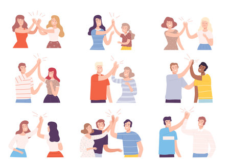Collection of Happy People Giving High Five, Cheerful Men and Women Greeting Each Other, Celebrating Success Cartoon Style Vector Illustrationのイラスト素材