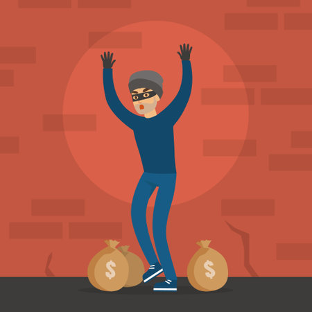 Male Thief Standing with his Hands Raised, Masked Burglar Stole Money, Robbery and Security Concept Flat Vector Illustrationのイラスト素材