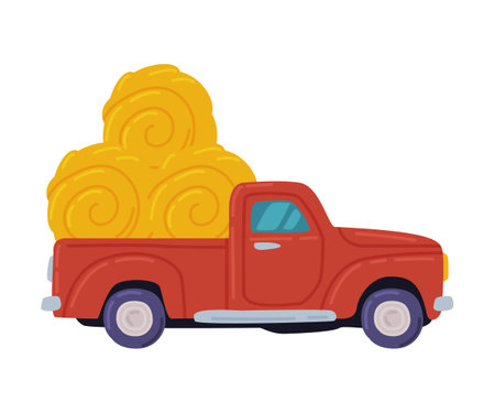 Red Pickup Loaded with Hay Bales, Agricultural Machinery Cartoon Style Vector Illustrationのイラスト素材