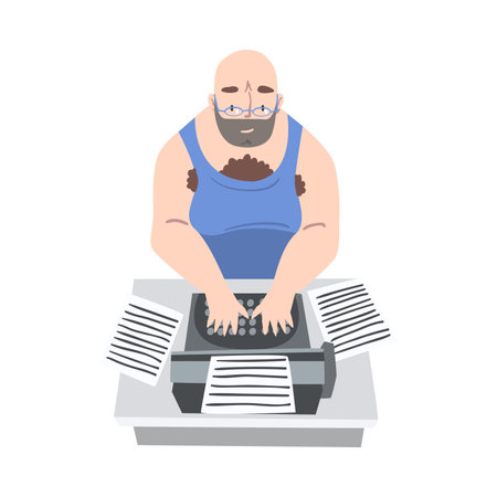 Bearded Man Journalist Sitting at Desk Writing Article or Public Essay on Typewriter Vector Illustrationのイラスト素材
