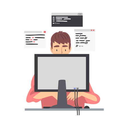 Man Web Developer or Programmer Working In Front of Computer Screen Vector Illustrationのイラスト素材