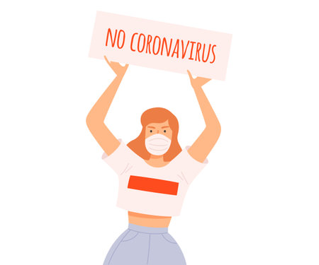 Woman Wearing Protective Face Mask Holding Protest Sign and Asking to Stop Coronavirus Infection Cartoon Style Vector Illustrationのイラスト素材