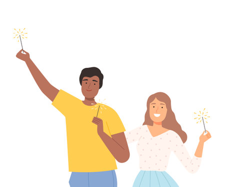 Happy Couple with Burning Sparklers, Smiling Man and Woman Celebrating Holiday Event Together Cartoon Style Vector Illustrationのイラスト素材