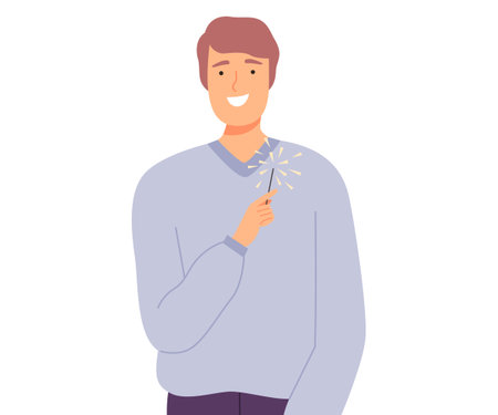 Happy Man Holding Burning Sparklers, Smiling Guy Celebrating Holiday Event Cartoon Style Vector Illustrationのイラスト素材