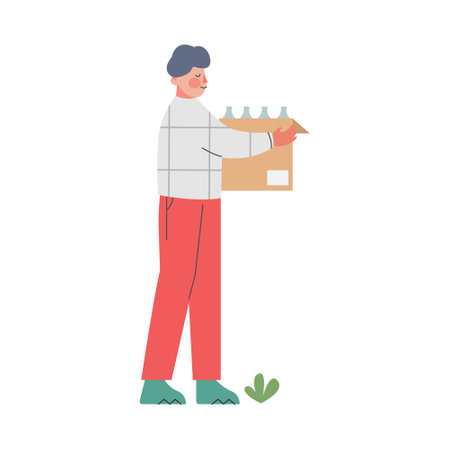 Man Holding Cardboard Box full of Plastic Bottles, People Gathering Garbage for Recycling Cartoon Style Vector Illustrationのイラスト素材