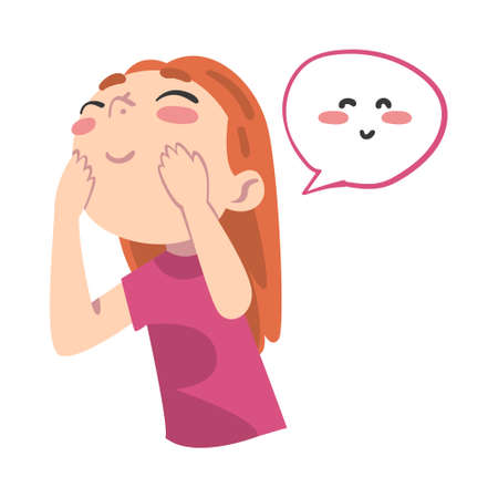 Cute Shy Girl, Kid with Cute Face with Pink Blushing Cheeks in Speech Bubble Cartoon Style Vector Illustrationのイラスト素材