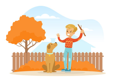 Smiling Boy Training Dog on Backyard, Kid Playing with Pet Animal on Autumn Landscape Cartoon Vector Illustrationのイラスト素材