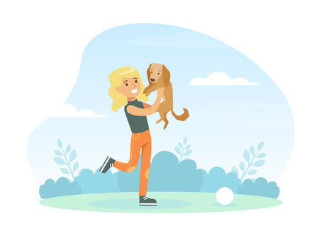 Happy Girl Walking with her Puppy Outdoors, Kid Having Fun with Pet Animal in Park Cartoon Vector Illustrationのイラスト素材