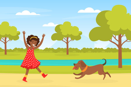 Happy African American Girl Playing with her Dog in Urban Park, Kid Having Fun with Pet Animal on Summer Landscape Cartoon Vector Illustrationのイラスト素材