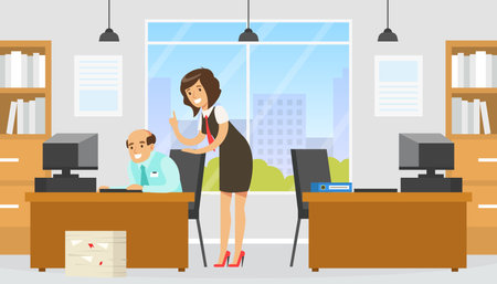 Woman Boss Giving Advice to Male Employee, Leadership, Supervising at Work, Effective and Productive Management Concept Flat Vector Illustrationのイラスト素材