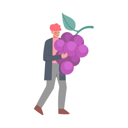 Young Man Carrying Huge Bunch of Grapes Cartoon Style Vector Illustrationのイラスト素材