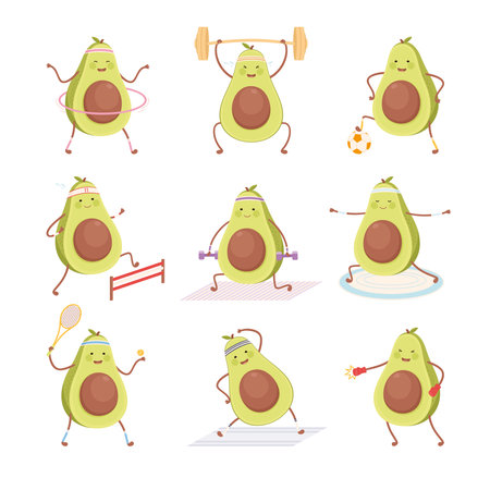 Cute Avocado Doing Fitness Exercises Set, Funny Fruit Character Doing Various Sports, Healthy Lifestyle, Fitness Concept Cartoon Style Vector Illustrationのイラスト素材