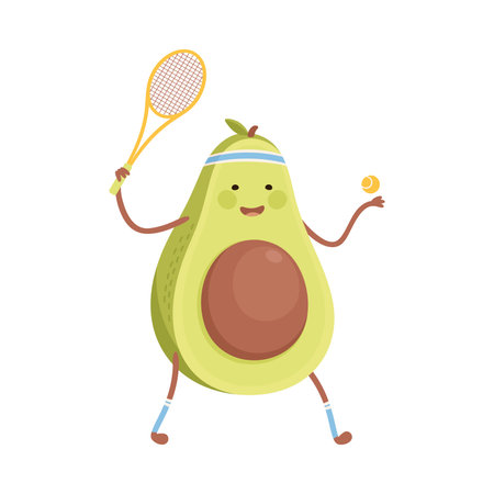 Cute Avocado Playing Tennis, Funny Fruit Character Doing Sports, Healthy Eating and Lifestyle, Fitness Concept Cartoon Style Vector Illustrationのイラスト素材