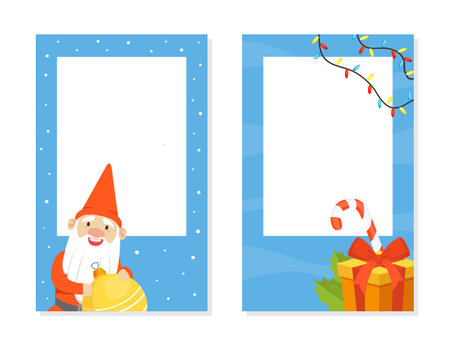 Christmas Gnome and Gifts with Blank Banners Set, Xmas Holidays Background, Greeting Card, Sale Advertising Poster Cartoon Vector Illustrationのイラスト素材