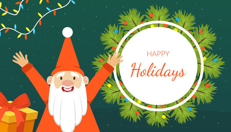 Happy Holidays Banner Template with Cute Happy Funny Gnome with Gifts, Christmas Holidays Background, Card, Advertising Poster Vector Illustrationのイラスト素材