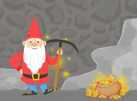 Cute Gnome in Mine Extracting Gems with Pickaxe, Happy Funny Fairy Tale Dwarf Searching for Gold Cartoon Vector Illustrationのイラスト素材
