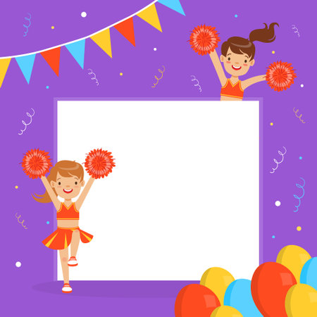Cheerleader Girls with Blank Banner, Fan Girls in Red Uniform Dancing with Pom Poms, Background, Card, Poster Design Cartoon Style Vector Illustrationのイラスト素材