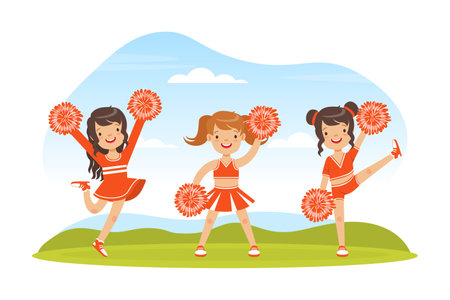Cheerleading Team of Girls Dancing Together with Pom Poms Outdoors, Girls in Red Uniform Performing on Football Stadium Vector Illustrationのイラスト素材