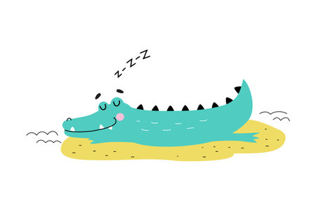 Cute Crocodile Sleeping on the Beach, Funny Alligator Predator Animal Character Cartoon Style Vector Illustrationのイラスト素材