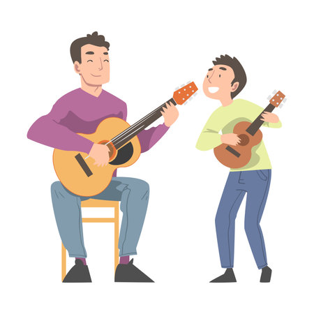 Dad and Son Playing Guitar, Happy Father and His Child Having Good Time Together Cartoon Style Vector Illustrationのイラスト素材