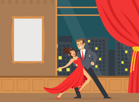 Couple Dancing Tango in Disco Club, Happy Couple Having Romantic Date Cartoon Vector Illustrationのイラスト素材