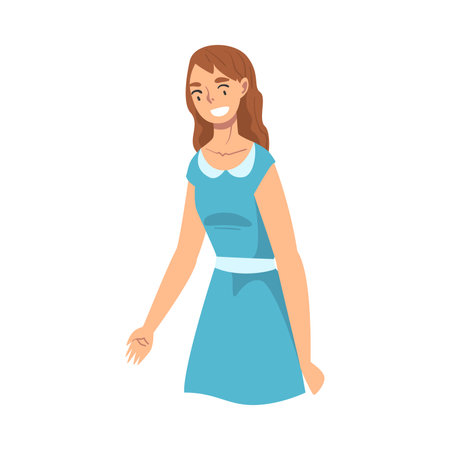 Beautiful Happy Smiling Young Woman Wearing Blue Dress Flat Style Vector Illustrationのイラスト素材