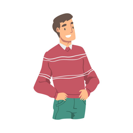 Smiling Man Wearing Casual Clothes Standing with Hands in His Pockets Flat Style Vector Illustrationのイラスト素材