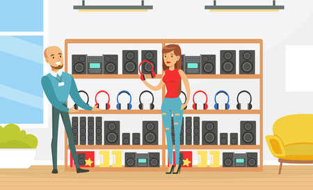 Young Man Choosing and Buying Headphones at Shopping Mall, Girl Shop Assistant Helping Him, Modern Electronics Store Interior Vector Illustrationのイラスト素材