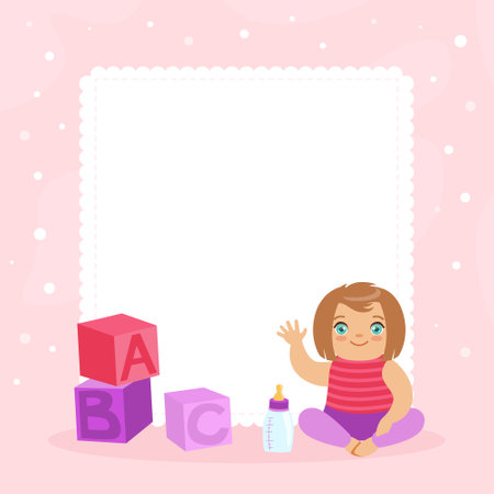 Pink Baby Shower Banner with Space for Text, Cute Baby Girl Playing Toys, Poster, Invitation or Greeting Card, Design Cartoon Vector Illustrationのイラスト素材