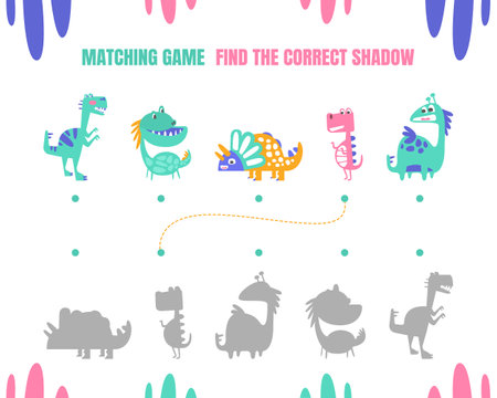 Find the Correct Shadow, Educational Matching Game for Kids with Cute Dinosaurs Vector illustrationのイラスト素材
