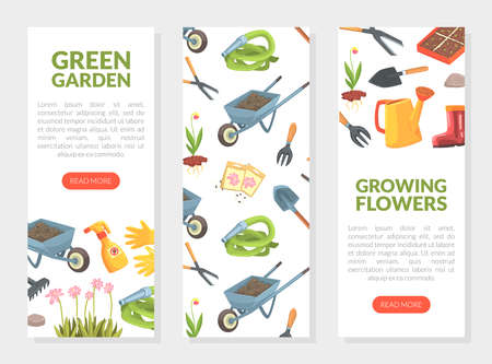 Green Garden, Growing Flowers Web Banners Set with Garden Equipment Pattern and Place for Text, Gardening, Farming and Agriculture Concept Vector Illustrationのイラスト素材