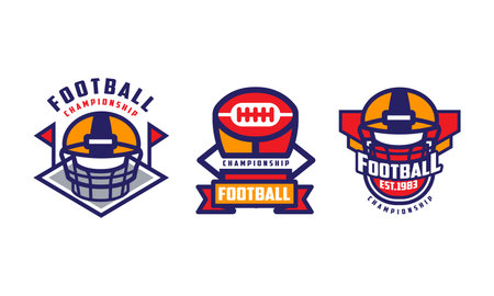 American Football Championship Labels Set, Sport Game Tournament Retro Badges, School, College League Team or Fan Club Symbols Cartoon Style Vector Illustrationのイラスト素材