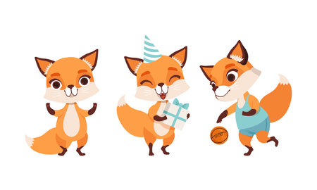 Adorable Little Fox in Various Actions Set, Lovely Baby Animal Cartoon Character Doing Sports and Celebrating Holidays Vector Illustrationのイラスト素材
