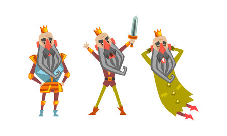 Funny King Character Set, Old Comic Bald Bearded King Wearing Gold Crown in Various Actions Cartoon Style Vector Illustrationのイラスト素材