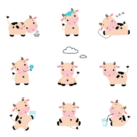 Collection of Cute Little Cow in Various Action, Adorable Funny Farm Animal Cartoon Character Vector Illustrationのイラスト素材