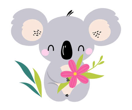 Cute Koala with Pink Flower, Lovely Australian Animal Cartoon Character Vector Illustrationのイラスト素材
