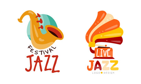 Live Jazz Festival Logo Design Templates Set, Musical Event Labels Cartoon Vector Illustrationのイラスト素材