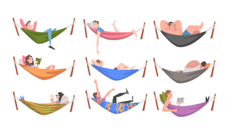 People Characters Resting in Hammock Reading Book and Sleeping Vector Illustration Setのイラスト素材