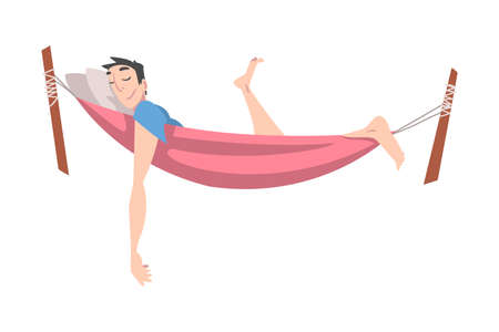 Smiling Male Lying in Hammock and Sleeping Vector Illustrationのイラスト素材
