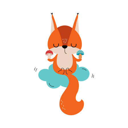 Cute Red Squirrel with Bushy Tail Meditating on Cloud with Mushrooms Vector Illustrationのイラスト素材