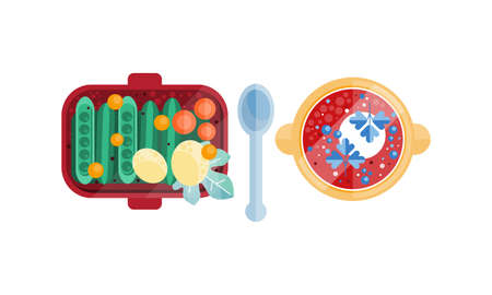 Bowl of Hot Soup and Vegetables at Lunch Box Set, Top View of Appetizing Fresh Food for Dinner Flat Vector Illustrationのイラスト素材