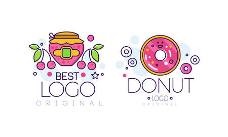 Sweet Dessert   Design Set, Jam Jar and Glazed Donut Tasty Food Labels for Bakery, Candy Shop, Cafe Design Cartoon Style Vector Illustrationのイラスト素材