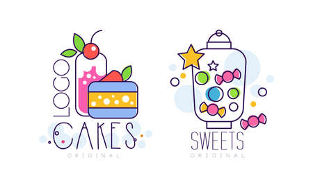 Cakes and Sweets Desserts   Design Set, Bakery, Candy Shop, Cafe Labels Cartoon Vector Illustration