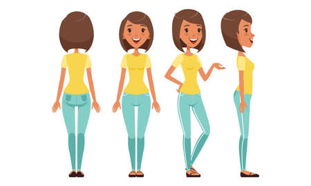 Pretty Girl in Various Poses Set, Beautiful Young Woman Character Creation Cartoon Vector Illustrationのイラスト素材