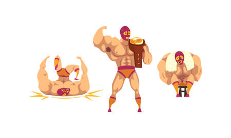 Set of Masked Mexican Wrestlers, Battle Acrobat Fighters, Lucha Libre Cartoon Vector Illustrationのイラスト素材
